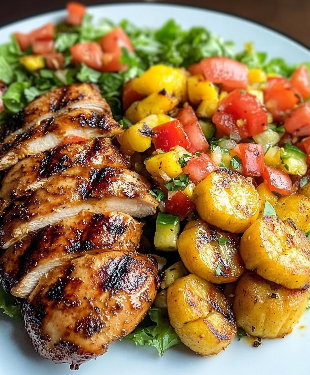 Mediterranean Caribbean Grilled Chicken with Fried Plantains & Veggie Salsa Salad 1