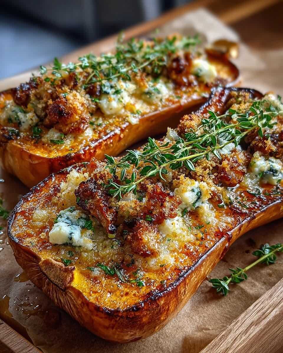 Mediterranean Chestnut & Gruyère Stuffed Butternut Squash with Maple Thyme Glaze 1