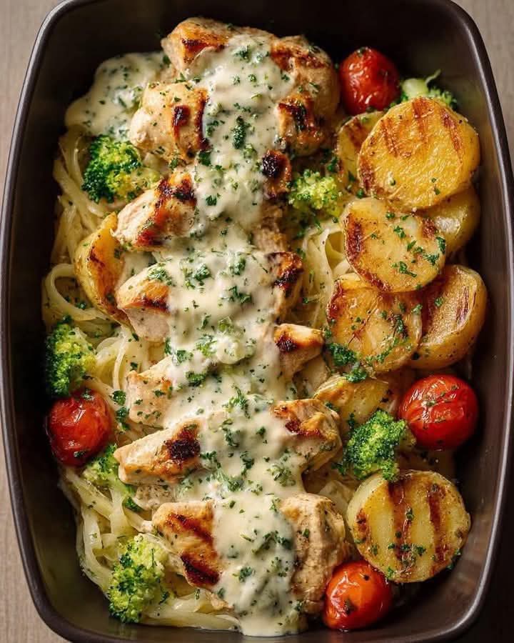 Mediterranean Creamy Herb Chicken With Broccoli Grilled Potatoes and Pasta 1