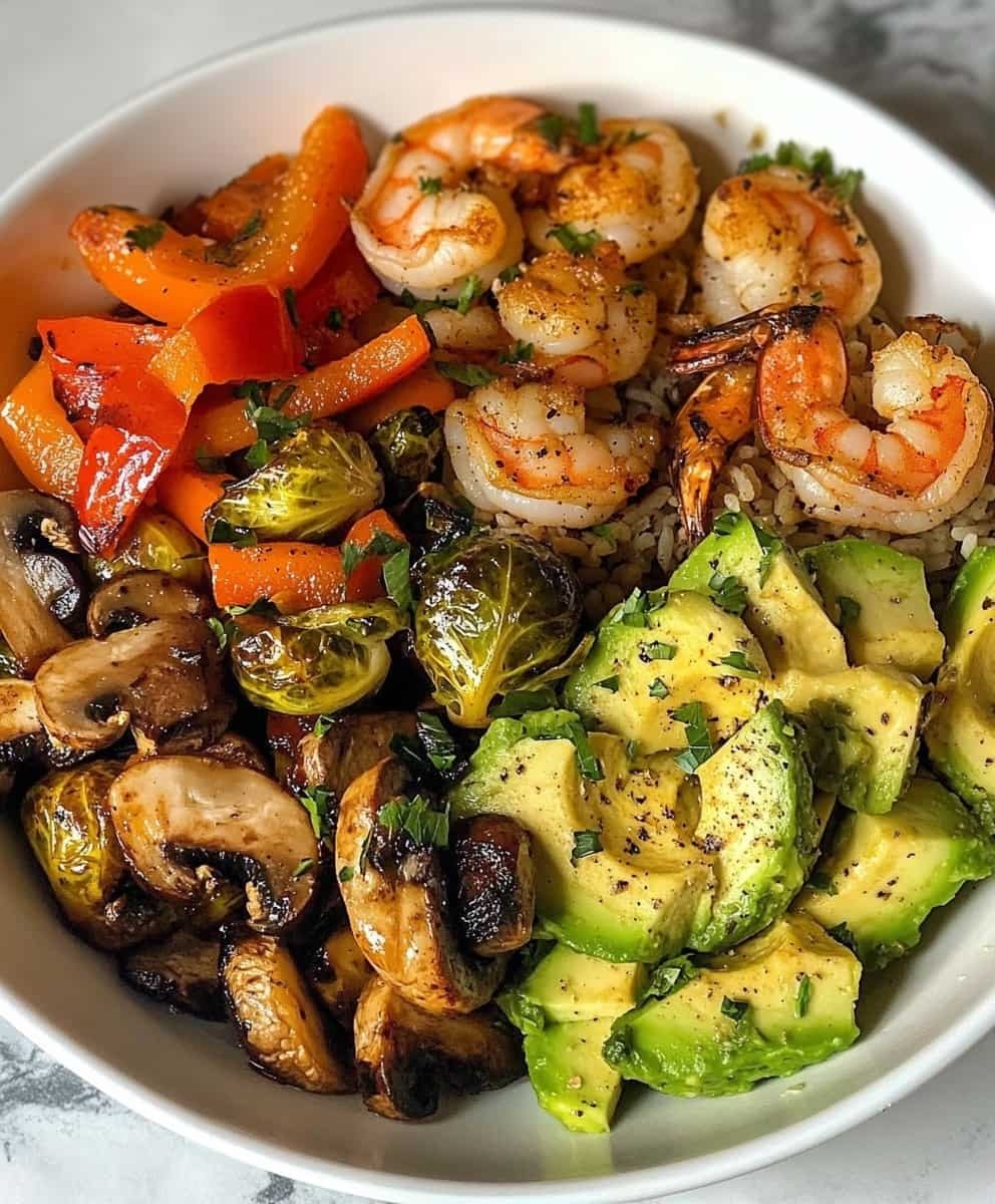Mediterranean Shrimp & Veggie Power Bowl with Avo & Roasted Brussels 1