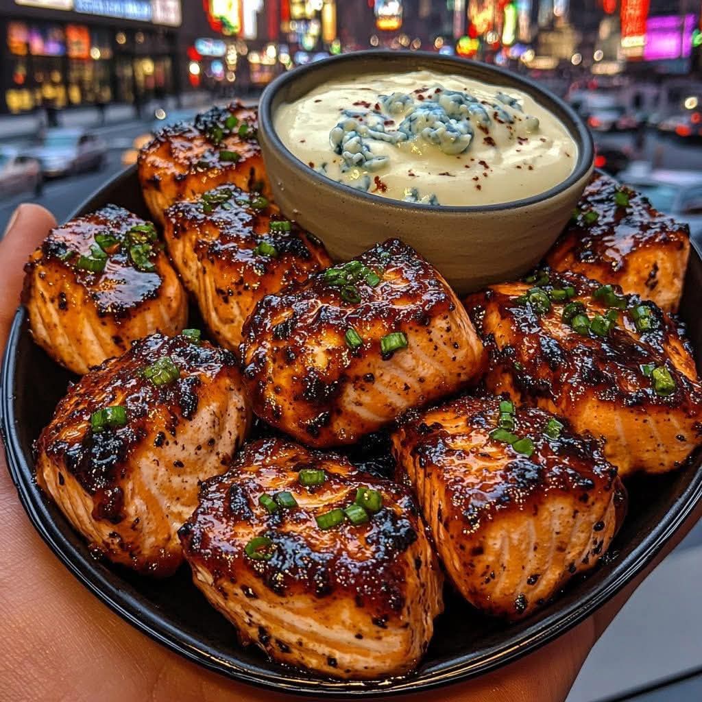 Mediterranean Spicy BBQ Salmon Bites with Creamy Blue Cheese Dip 1