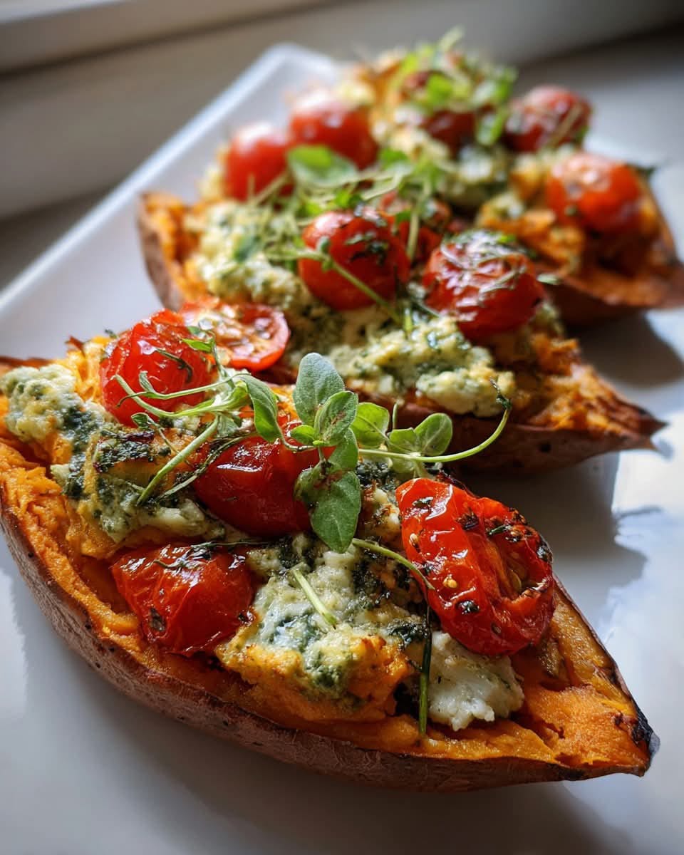 Mediterranean Roasted Sweet Potatoes Stuffed with Ricotta, Cherry Tomatoes & Pesto 1