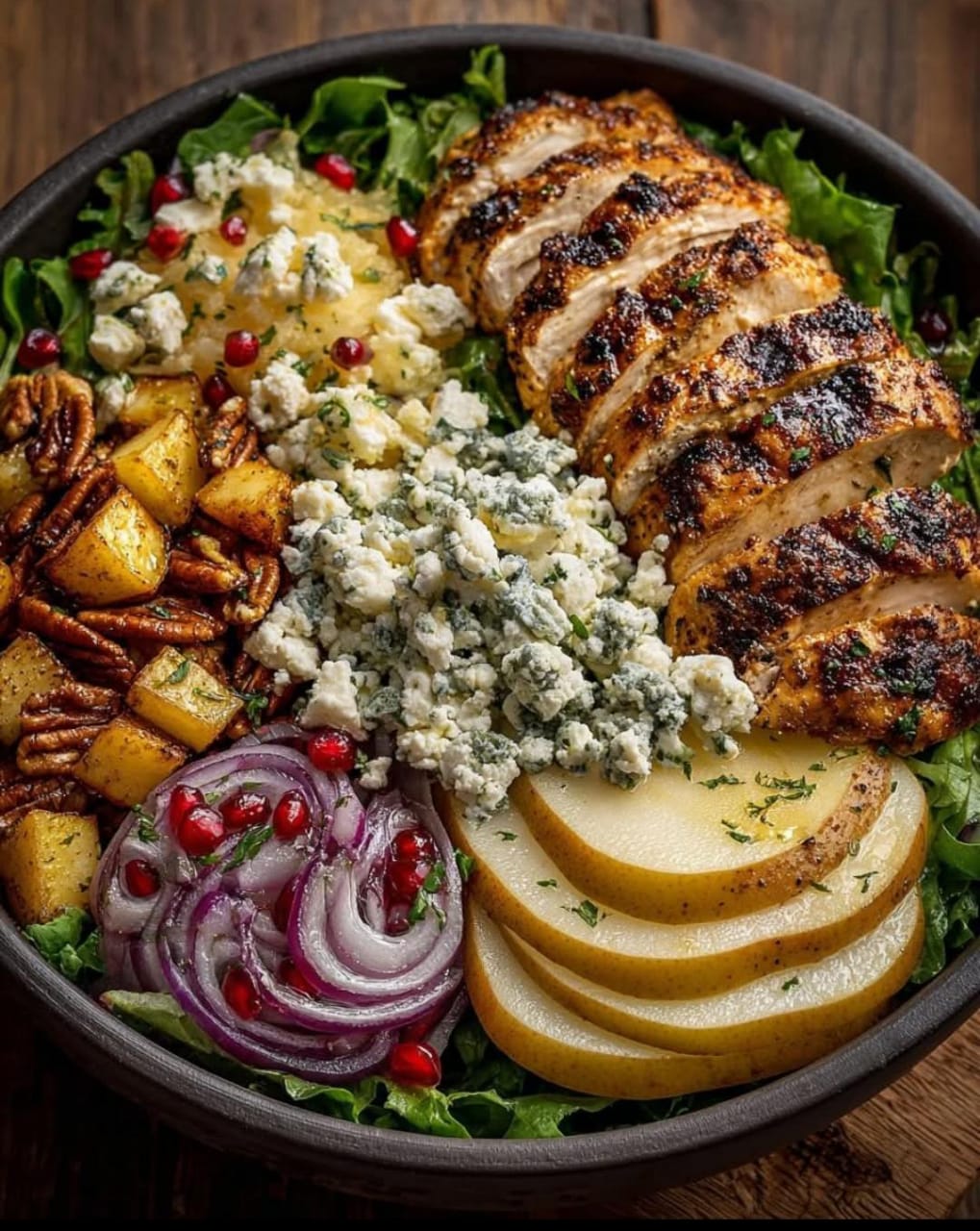 Mediterranean Greek Chicken Harvest Bowl with Pears & Pecans 1