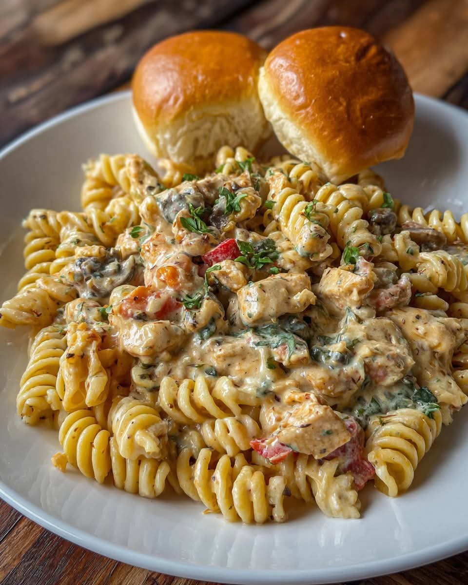 Mediterranean Creamy Chicken Rotini Pasta with Spinach & Rolls 1