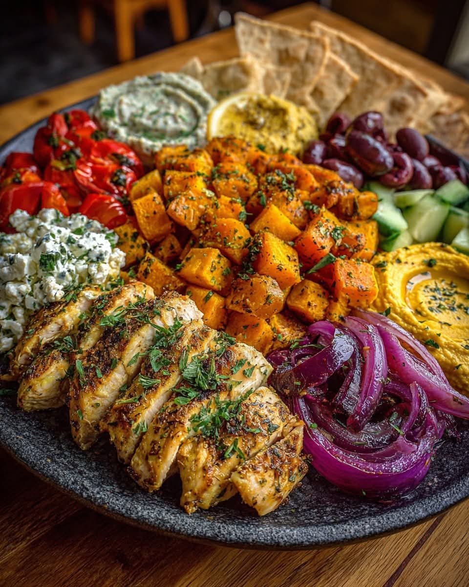 Mediterranean Roasted Veggie & Greek Chicken Fall Mezze Platter 1