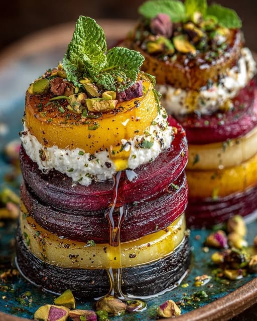 Mediterranean Caramelized Beet & Pear Towers with Feta Snow & Citrus Honey Drip 1
