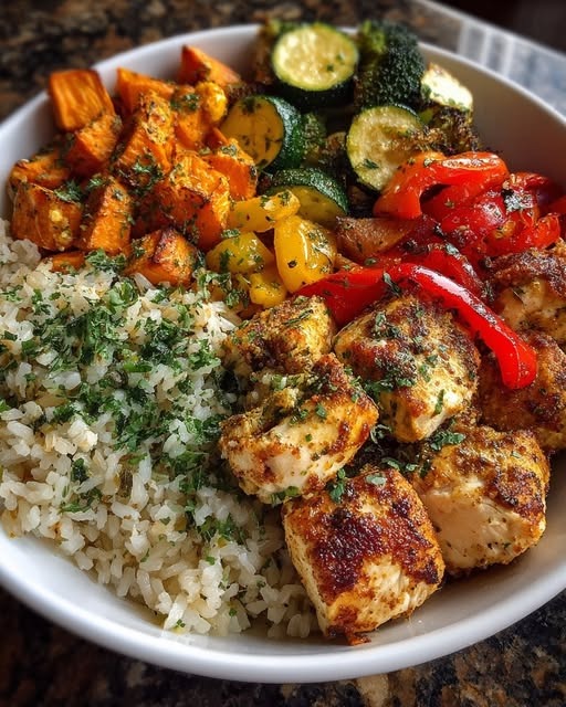 Mediterranean Clean Eating Chicken, Sweet Potato & Rice Bowl with Herbs and Roasted Veggies 1