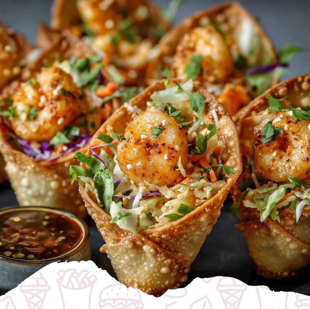 Mediterranean Crispy Shrimp Salad Wonton Cones 1