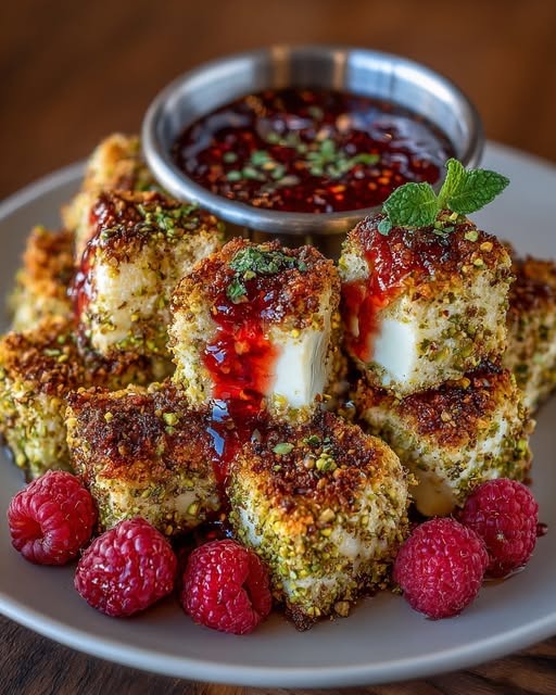 Mediterranean Pistachio-Crusted Brie Bites with Raspberry Honey Drizzle 1
