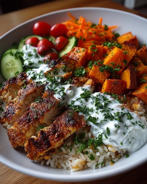 Mediterranean Healthy Grilled Chicken & Sweet Potato Rice Bowl with Fresh Veggies and Light Garlic Yogurt Sauce 1