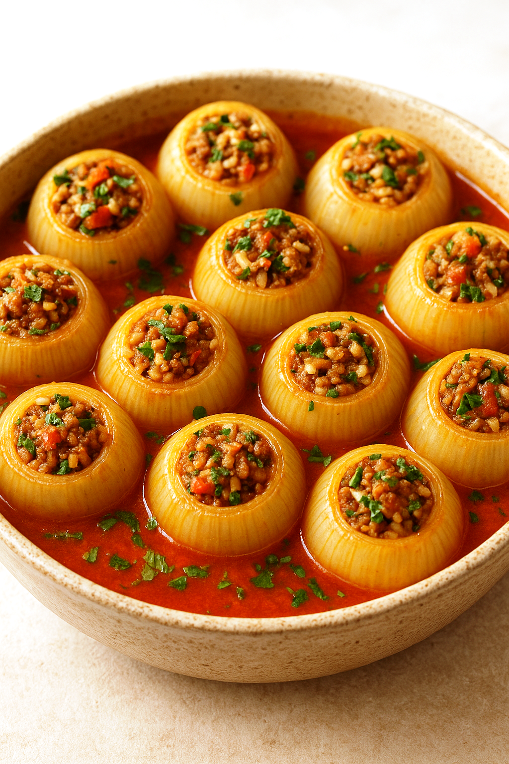Stuffed Onions from the Middle East Simmered in a lemony tomato broth soft onion layers are filled with spicy rice and meat 1