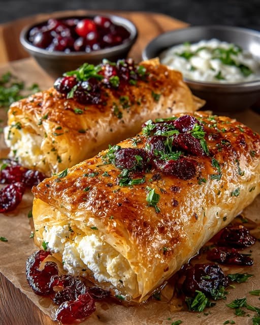 Golden Baked Feta Rolls with Sweet Cranberry Honey 1