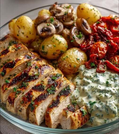 Mediterranean Grilled Chicken with Creamy Herb Sauce, Golden Potatoes & Roasted Veggies 1