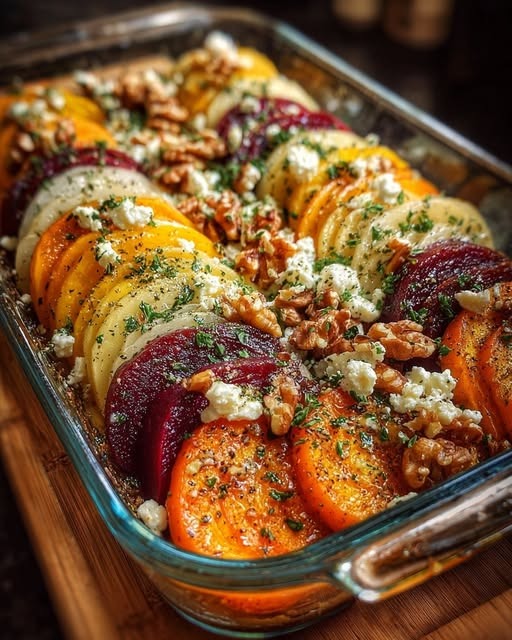 Mediterranean Layered Beet, Sweet Potato & Feta Gratin with Walnuts 1