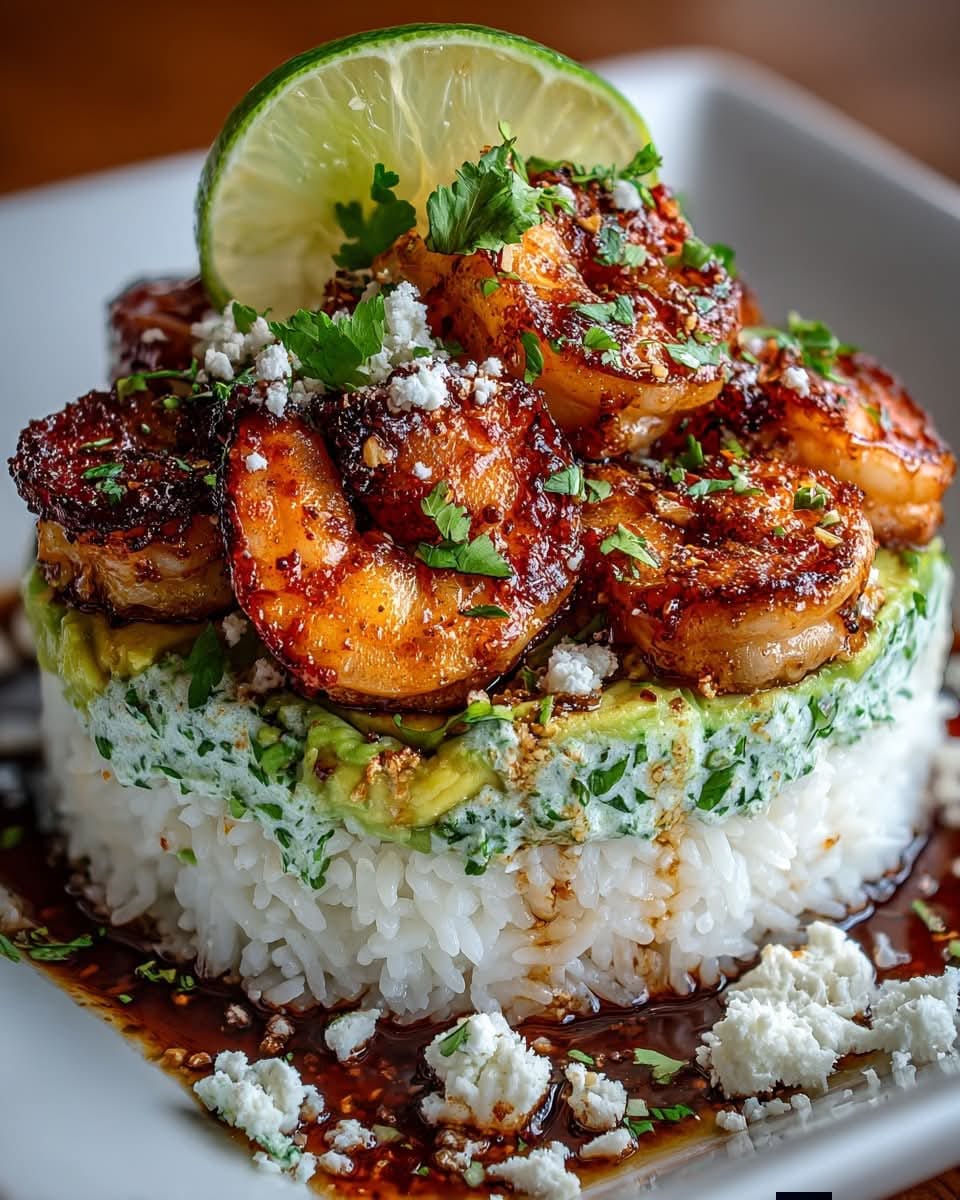 Honey Lime Shrimp & Avocado Rice Stack with Cilantro Garlic Sauce 1