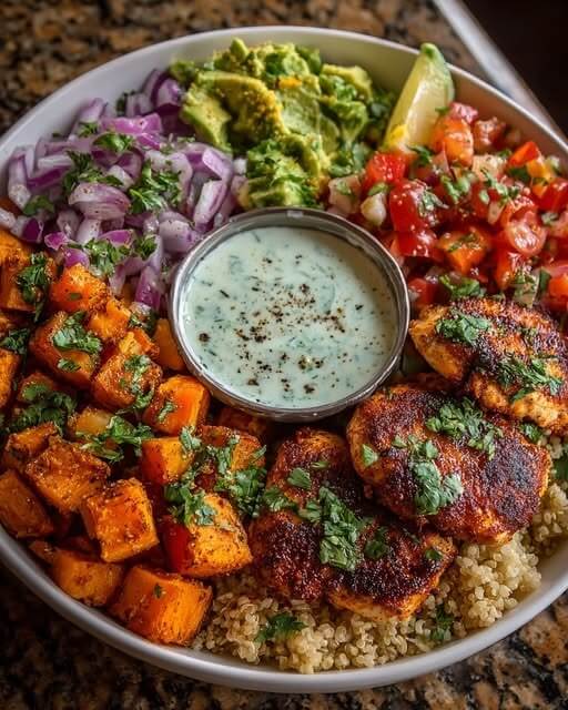 Ultimate Grilled Chicken & Sweet Potato Bowl with Avocado Salsa + Spicy Yogurt Dip 1