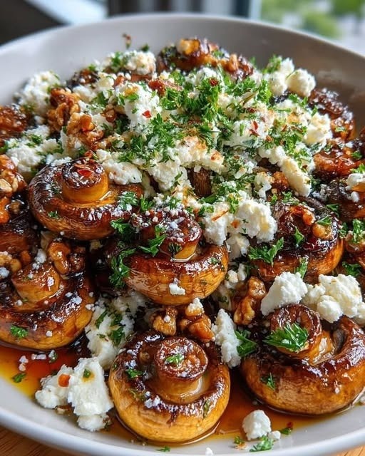 Caramelized mushroom salad with feta and walnuts 1