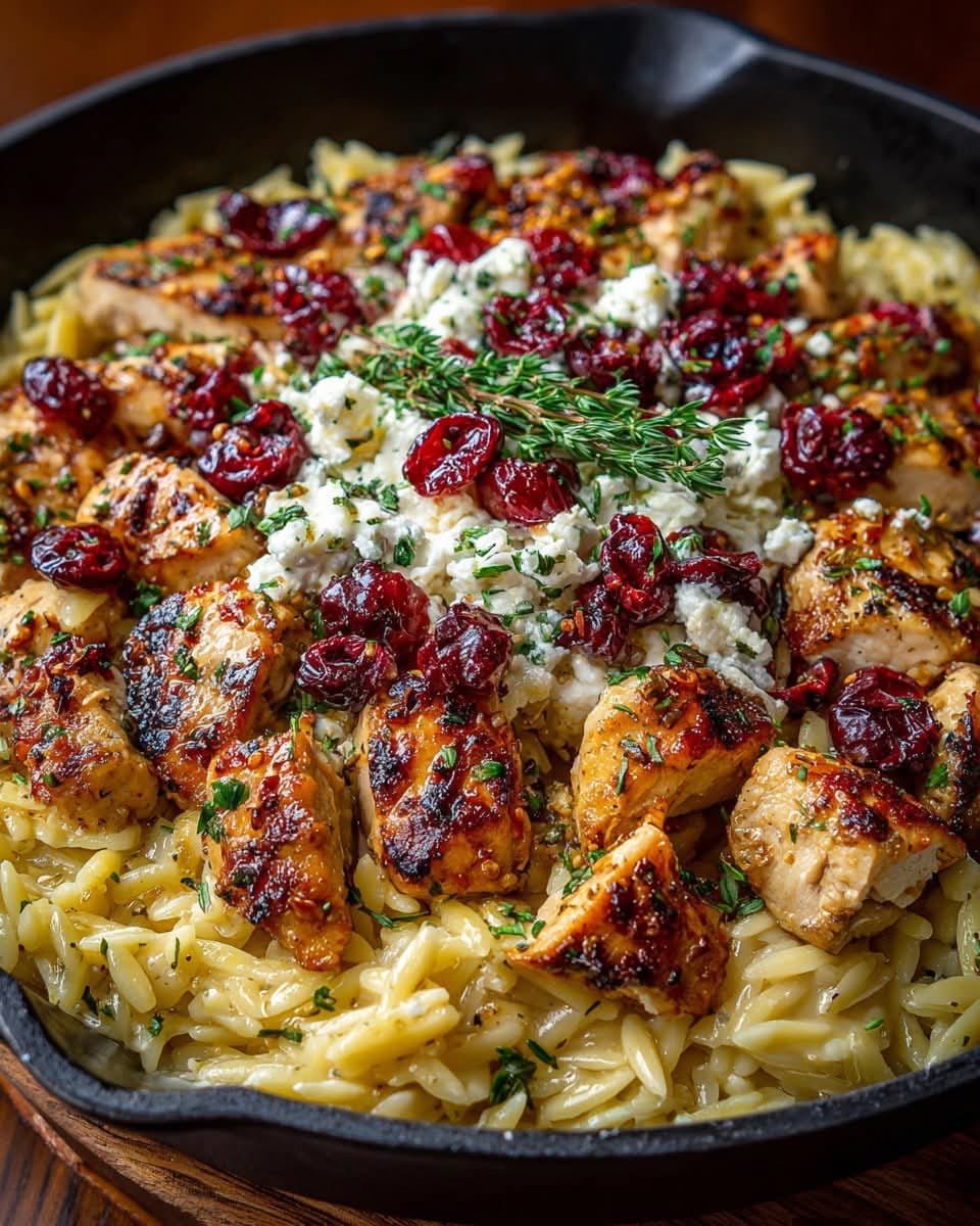 Honey Garlic Chicken & Orzo Skillet with Feta Sauce & Roasted Cranberries 1