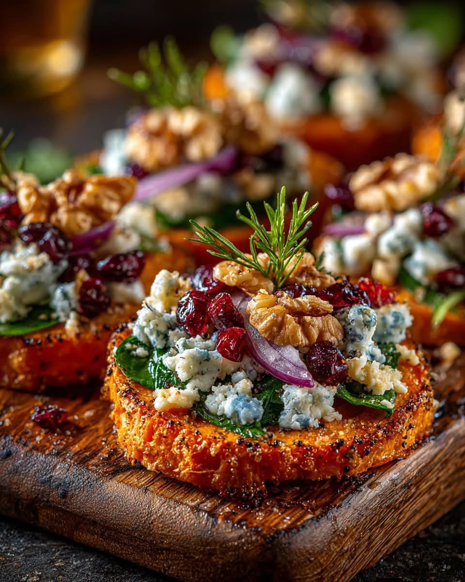 Sweet Potato Rounds with Blue Cheese, Cranberry & Honey Walnut Crunch 1