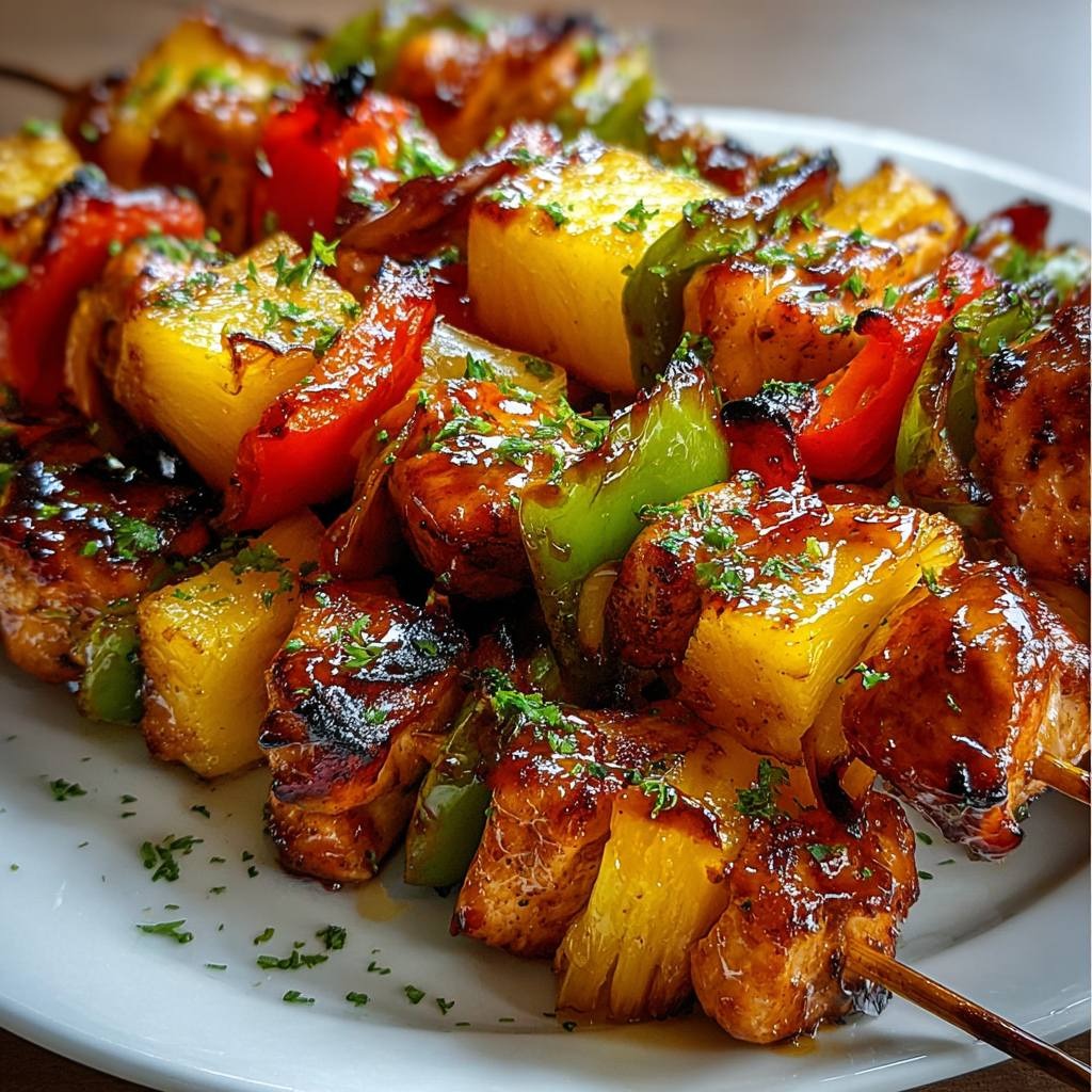 Hawaiian Chicken Skewers with Grilled Pineapple, Bell Peppers, and Red Onion. 1