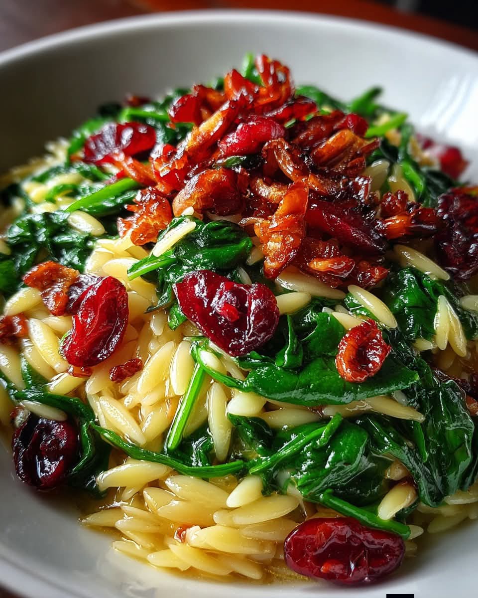 Spinach and Orzo Salad with Cranberries and Candied Nuts 1