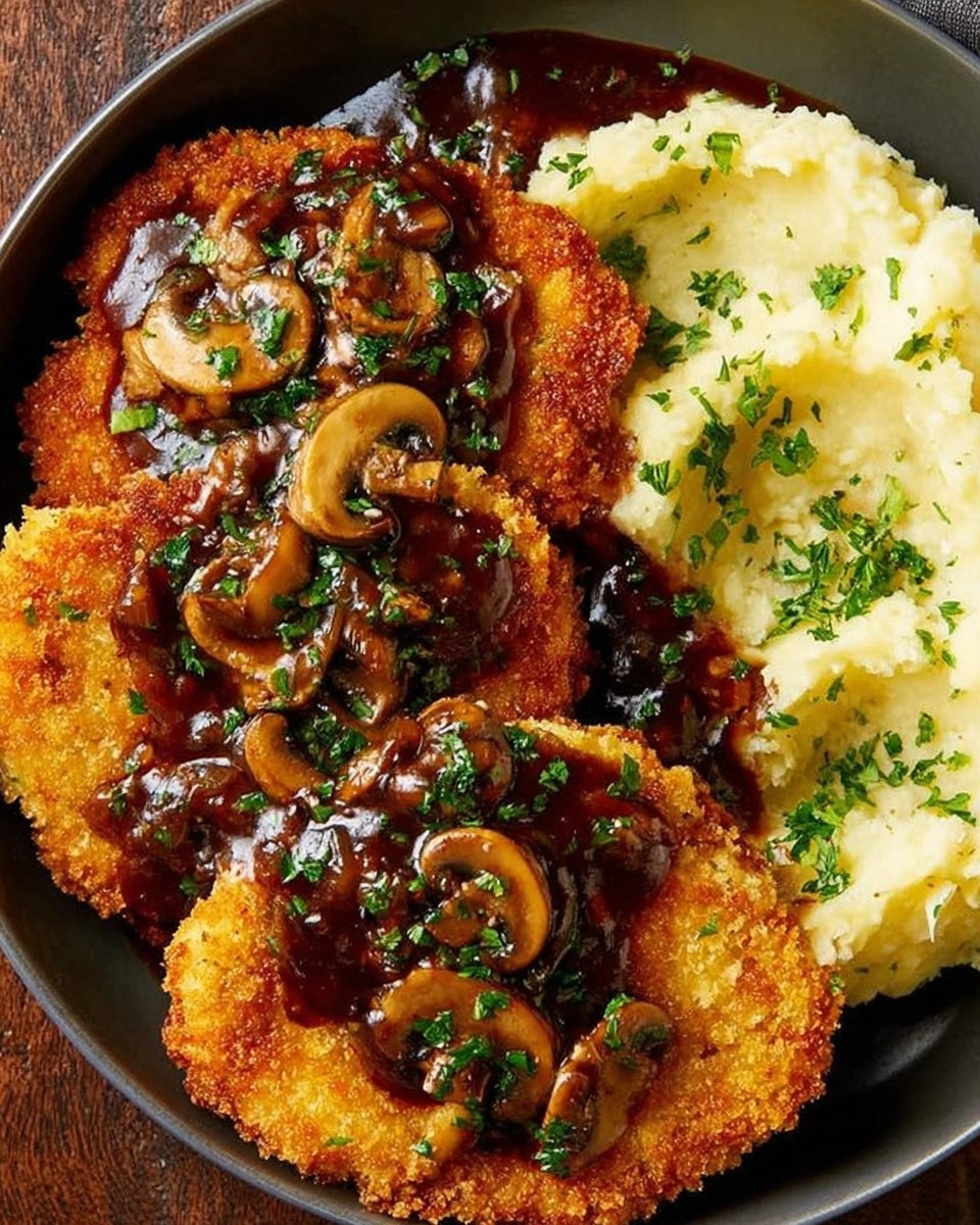 Chicken Schnitzel with Mushroom Gravy and Mash Potatoes 1