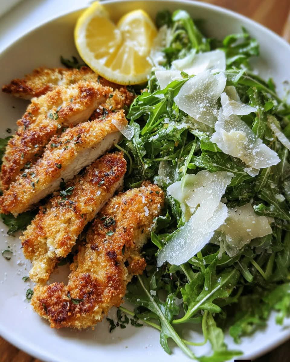 Crispy Chicken Strips with Arugula Parmesan Salad 1