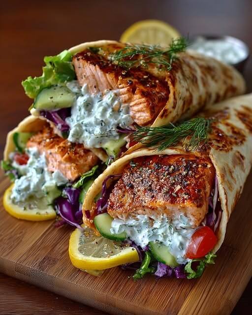 Greek Lemon Salmon Pita Wraps with Creamy Dill Feta Sauce 1
