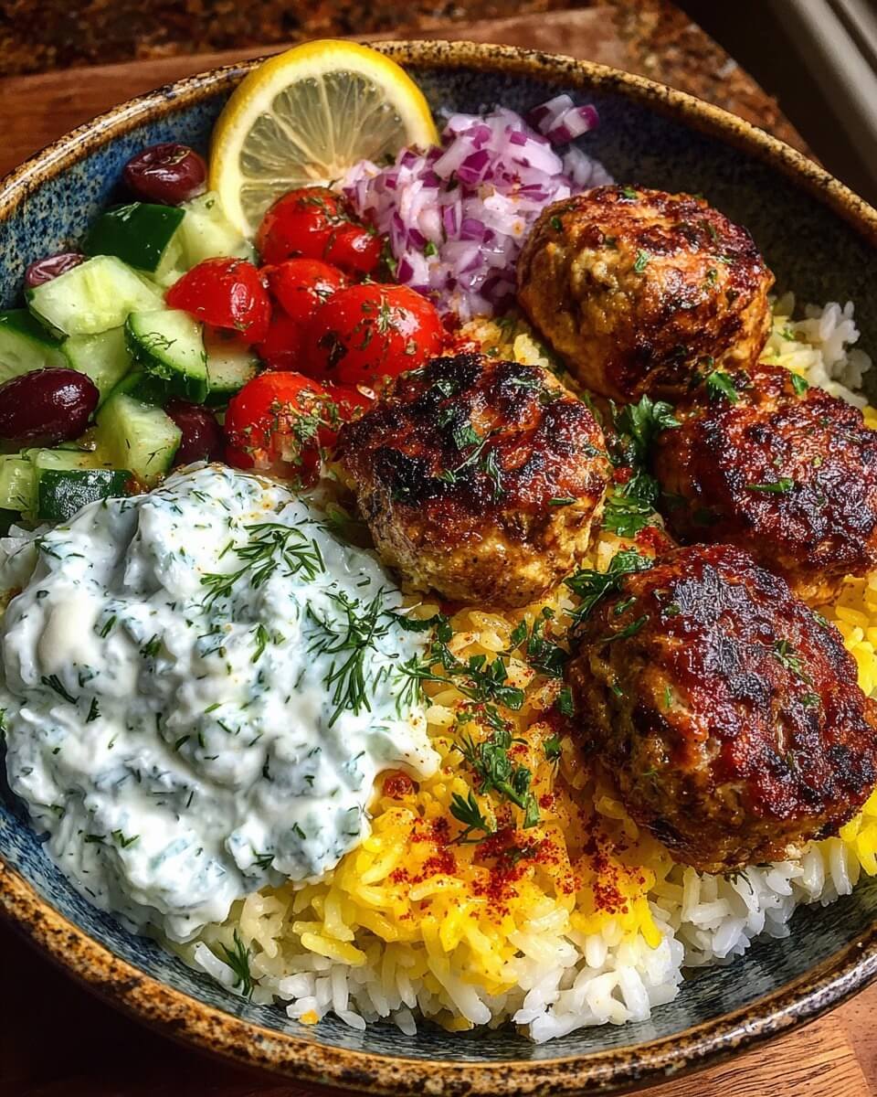 Mediterranean Chicken Meatball Rice Bowl with Tzatziki & Fresh Veggies 1