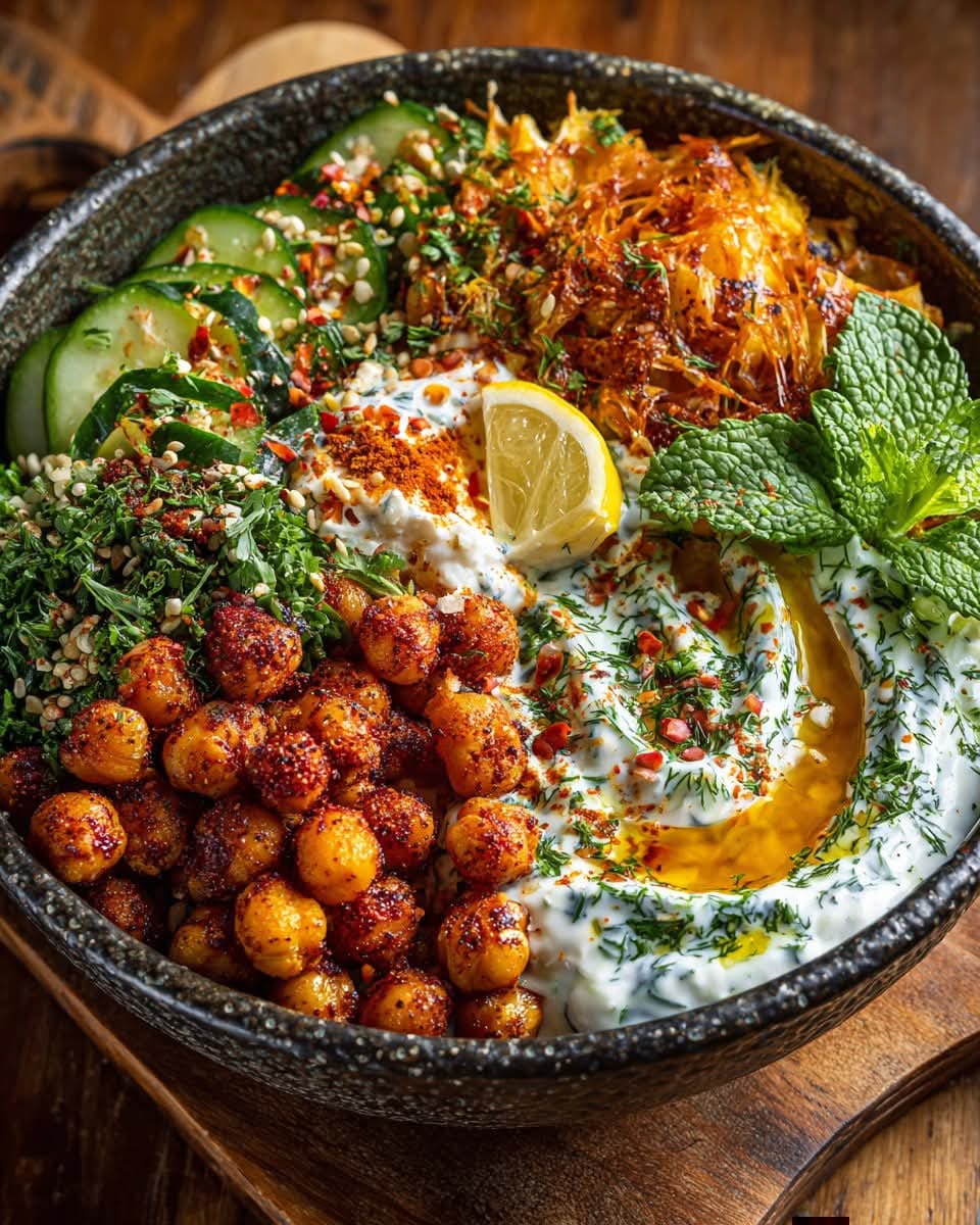 Crispy Chickpea Bowl with Yogurt, Herbs & Honey Drizzle 1