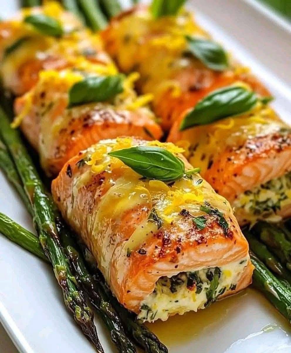 Herbed Cheese-Stuffed Salmon Rolls on Roasted Asparagus 1