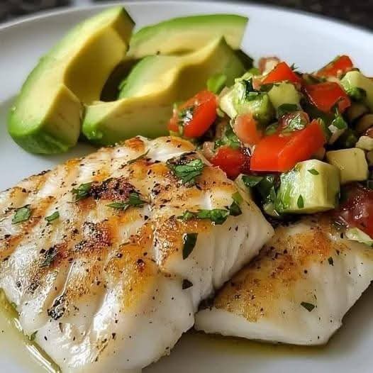 Grilled White Fish Fillet with Avocado Salsa & Sliced Avocado 1