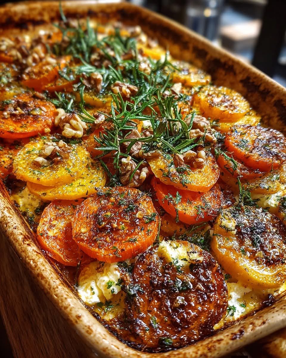 Roasted Butternut Squash, Sweet Potato & Carrot Gratin with Feta, Walnuts & Honey Balsamic Glaze 1