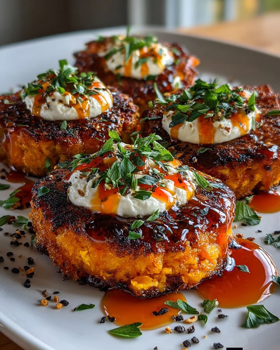 Crispy Sweet Potato Patties with Whipped Feta & Hot Honey Sriracha Drizzle 1