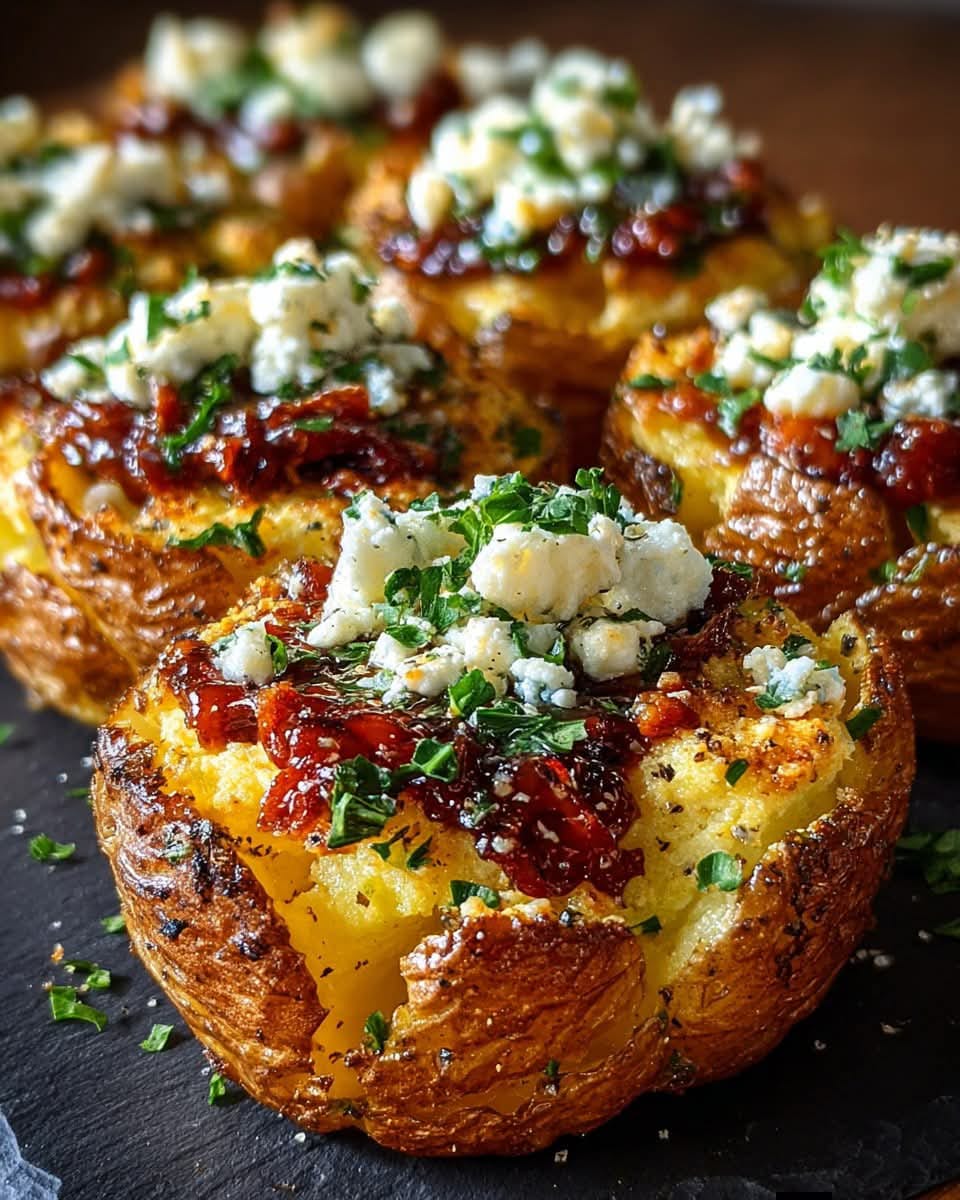 Crunchy Smashed Potatoes with Sun-Dried Tomato Feta Spread & Honey Glaze 1