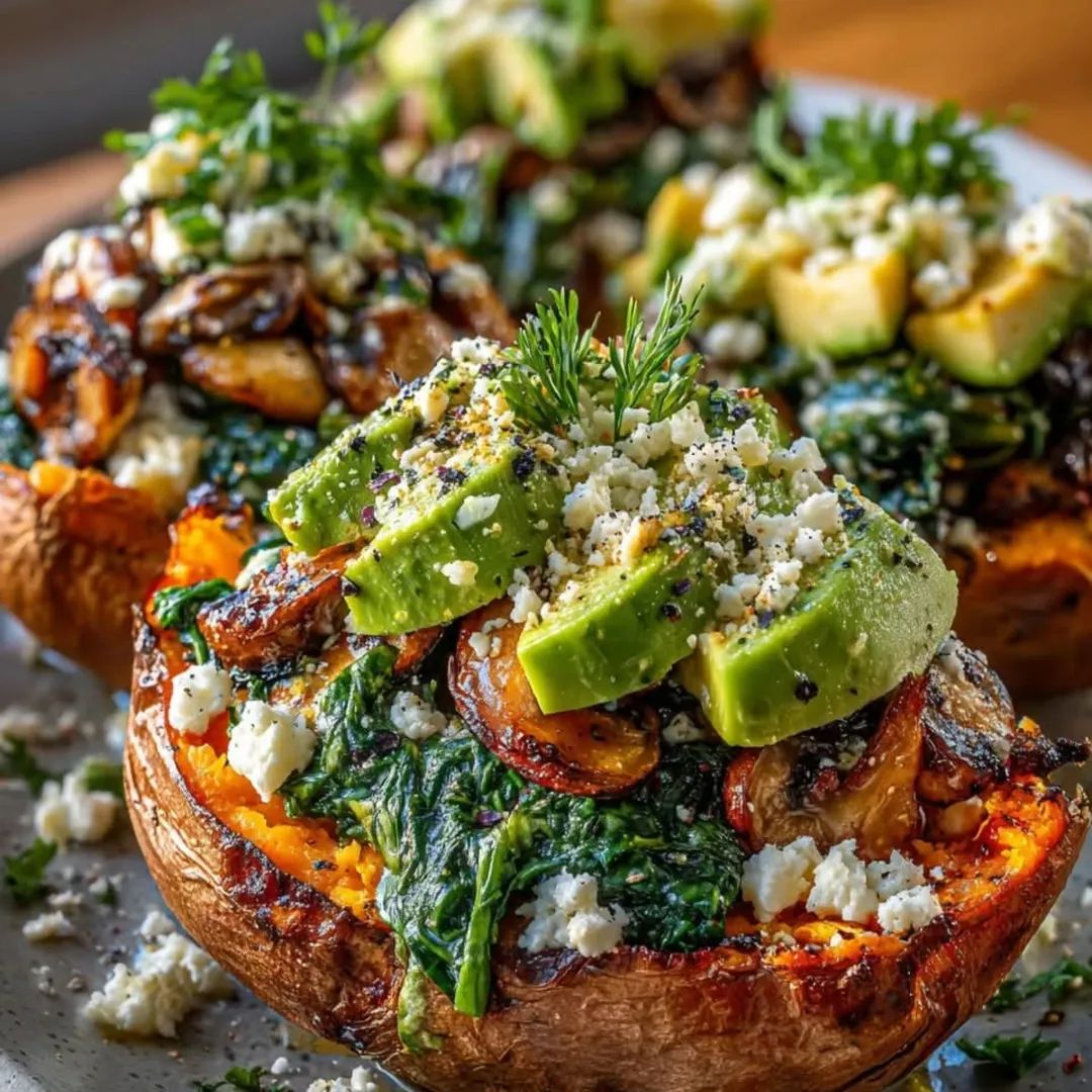 Wholesome Stuffed Sweet Potatoes with Spinach, Mushroom, Avocado & Feta Crumble 1