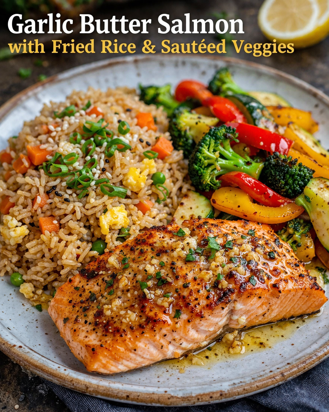 Garlic Butter Salmon with Fried Rice & Sautéed Veggies 1