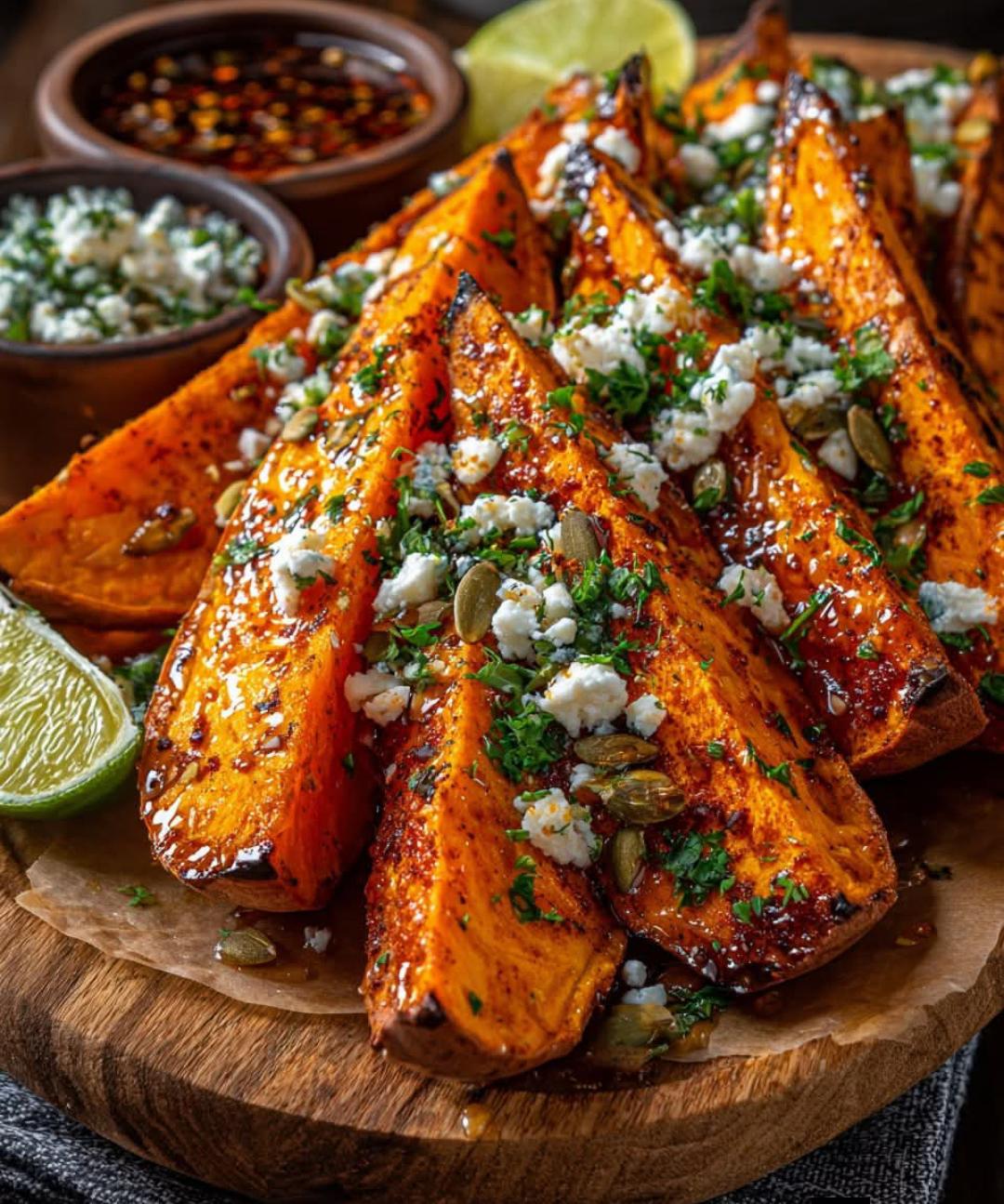 Crispy Roasted Sweet Potato Wedges with Feta and Hot Honey Drizzle 1