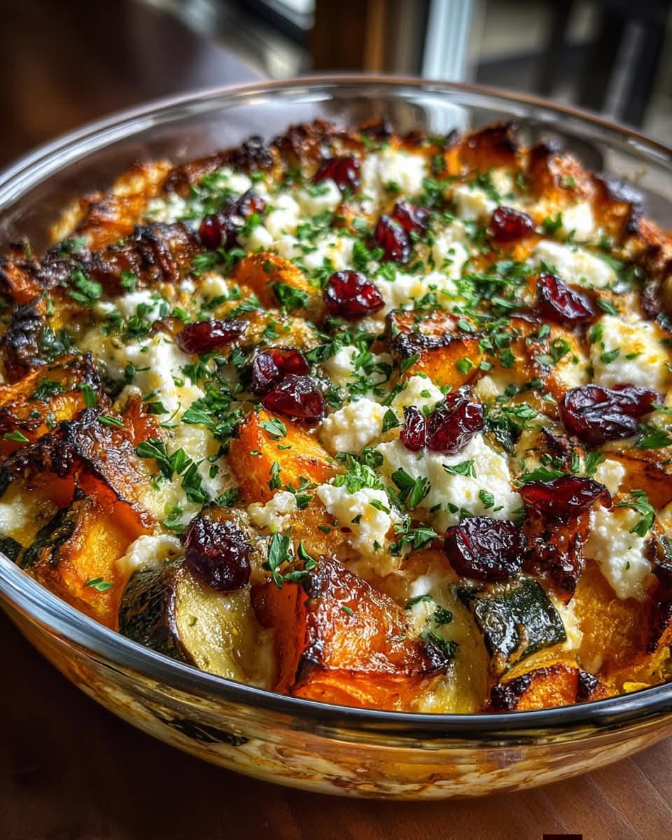Roasted Butternut Squash, Sweet Potato & Zucchini Casserole with Goat Cheese & Cranberry Honey Glaze 1