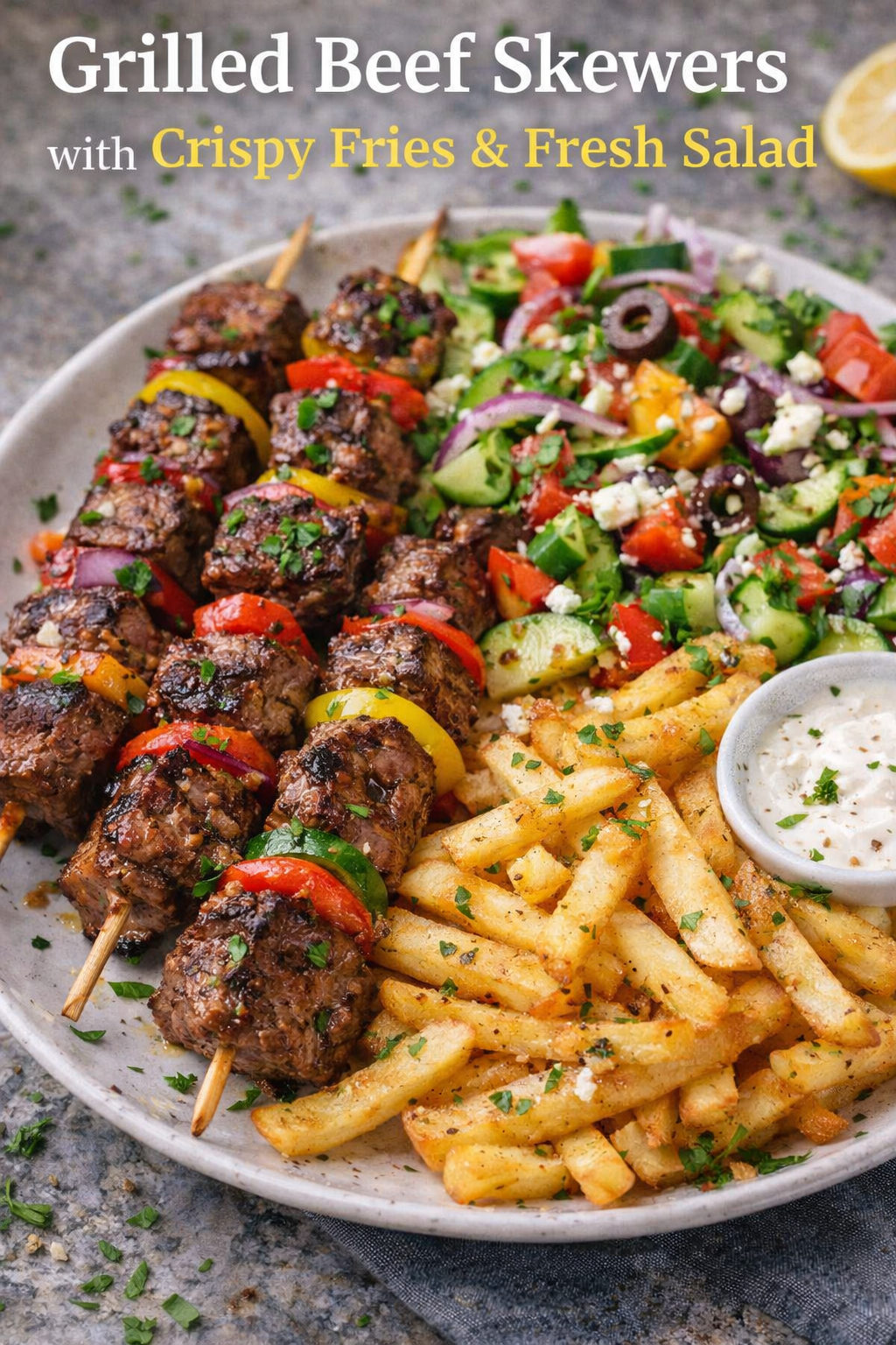 Grilled Beef Skewers with Crispy Fries & Fresh Salad 1